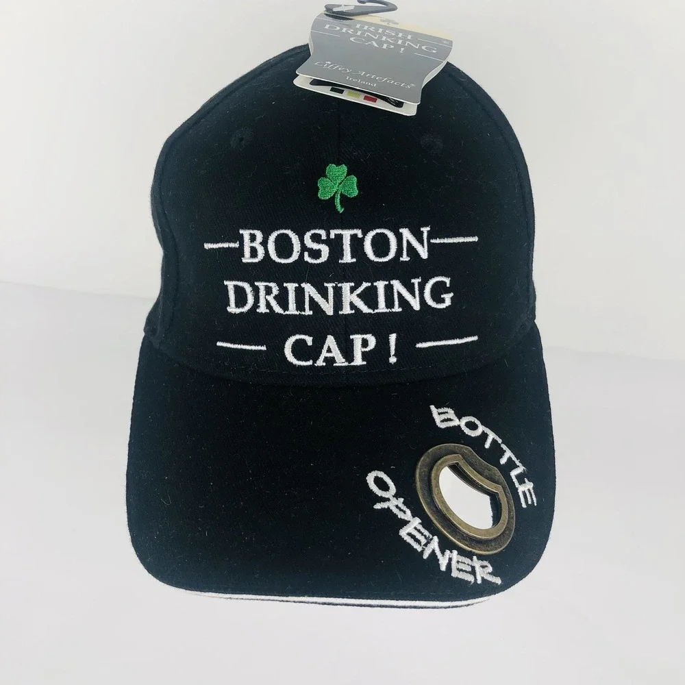 Boston Drinking Cap Strapback Hat Bottle Opener Liffey Irish Ireland Black NWT